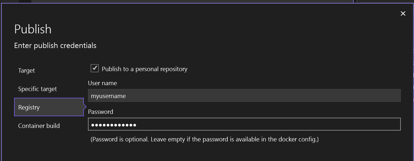 Docker Hub に発行するオプションを示すスクリーンショット。