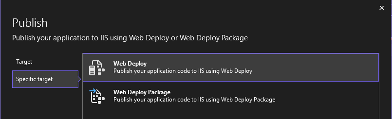 IIS に発行するオプションを示すスクリーンショット。展開モードの選択が示されています。
