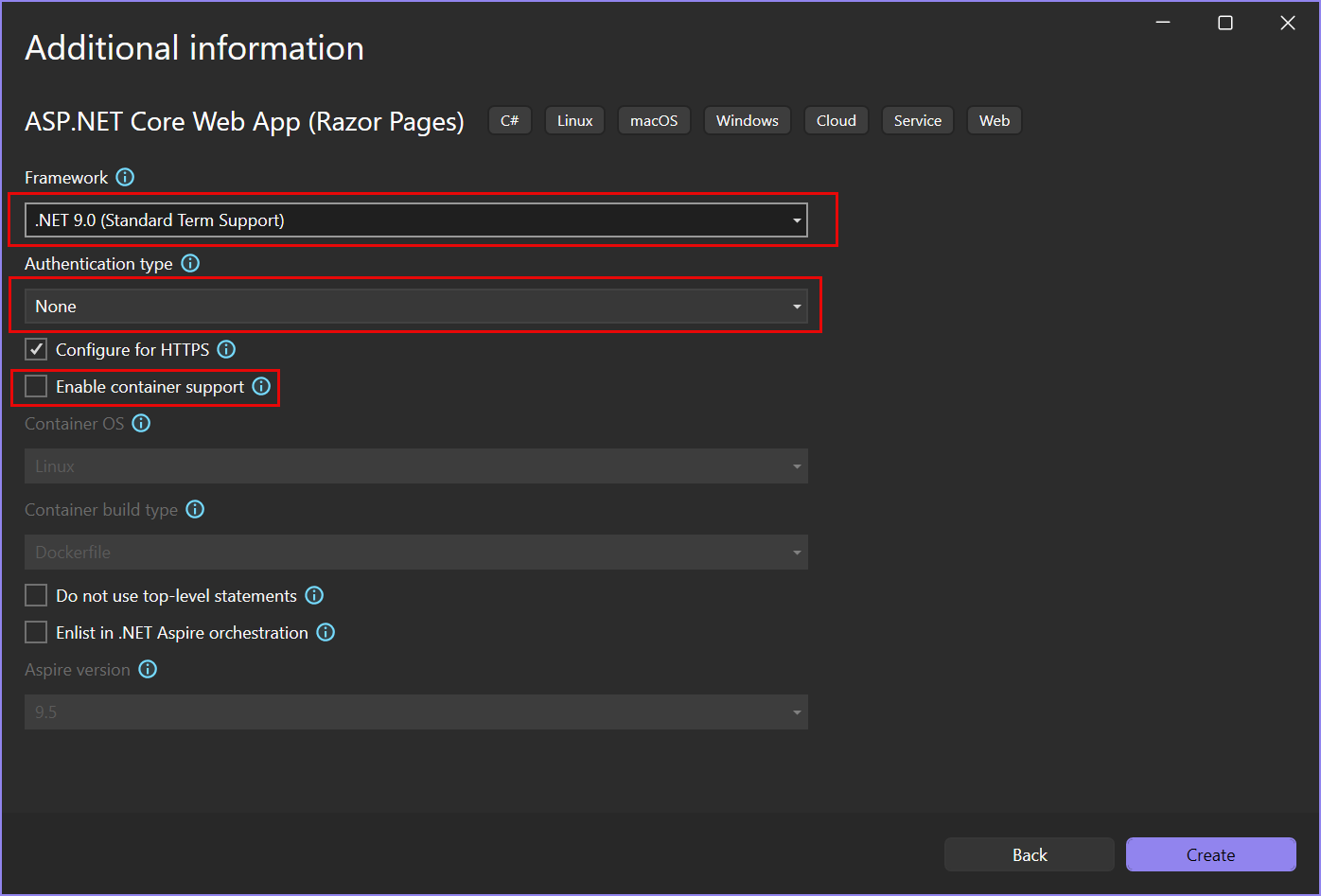 ターゲット フレームワークが .NET 8.0 に設定されている [追加情報] ウィンドウの既定の設定を示すスクリーンショット。