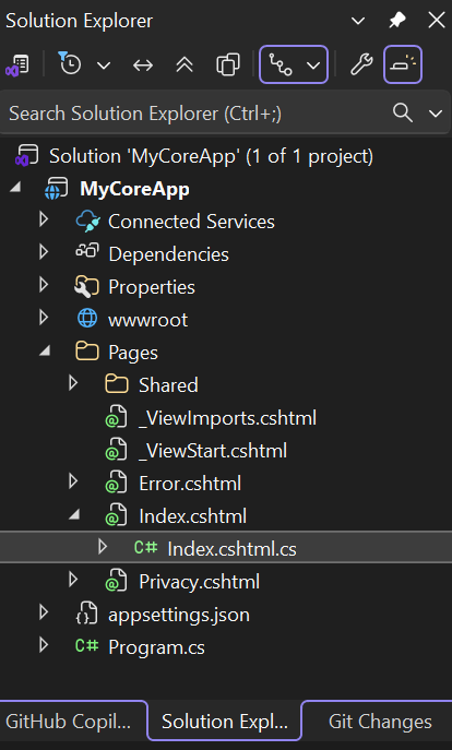 スクリーンショットは、Visual Studio のソリューション エクスプローラーで選択されている Index.cshtml ファイルを示しています。