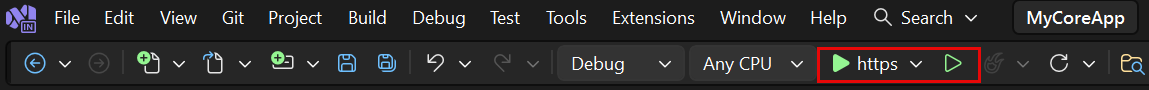 スクリーンショットは、Visual Studio のツール バーで強調表示されている https ボタンを示しています。