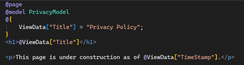 スクリーンショットは、Visual Studio Code エディターで開いている Privacy.cshtml ファイルと更新されたテキストを示しています。