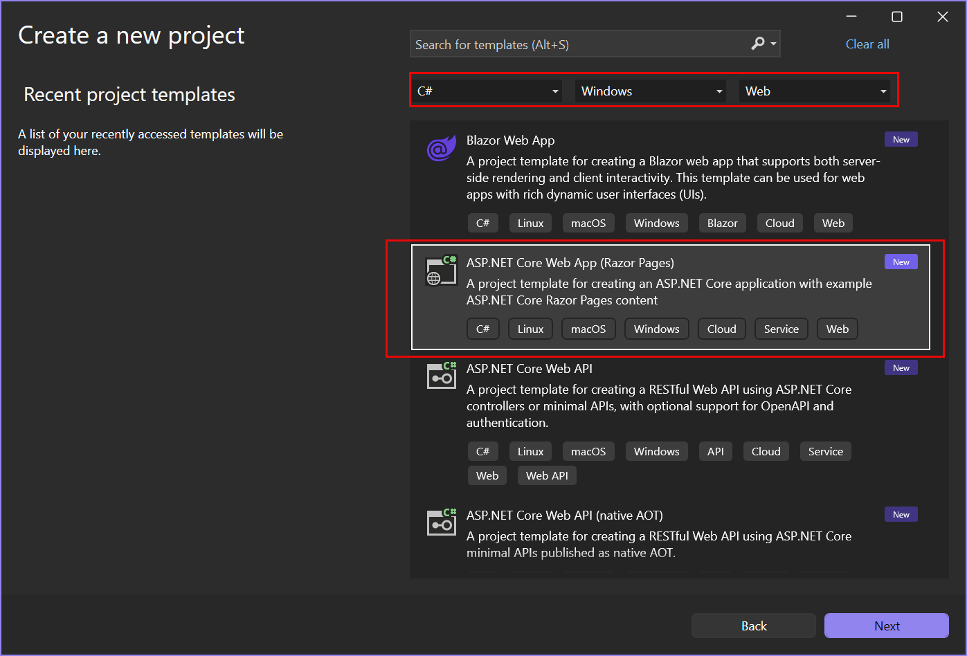 [新しいプロジェクトの作成] ページで選択され強調表示されている ASP.NET Core Web App プロジェクト テンプレートを示すスクリーンショット。