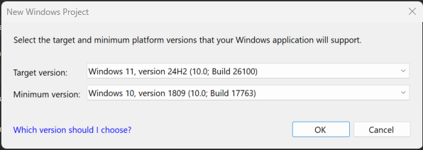 既定のターゲット バージョンと最小バージョンの設定を示す [新しい Windows プロジェクト] ダイアログのスクリーンショット。