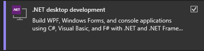 Visual Studio インストーラーの .NET デスクトップ開発ワークロードを示すスクリーンショット。
