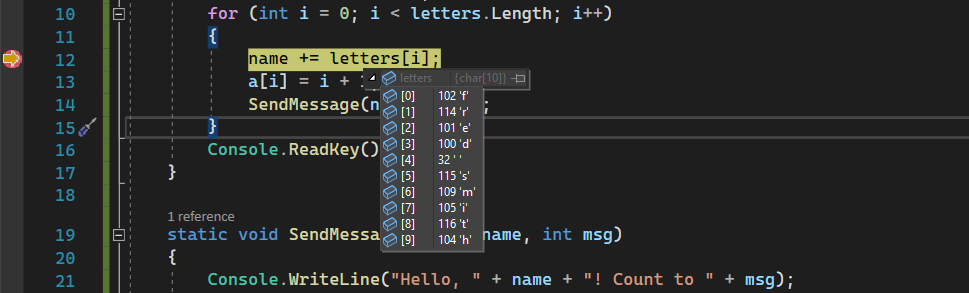 'letters' 配列変数の要素値を示す Visual Studio 2022 のデバッガー データ ヒントのスクリーンショット。
