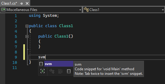 Visual Studio 2022 のコード スニペットの IntelliSense ポップアップのスクリーンショット。