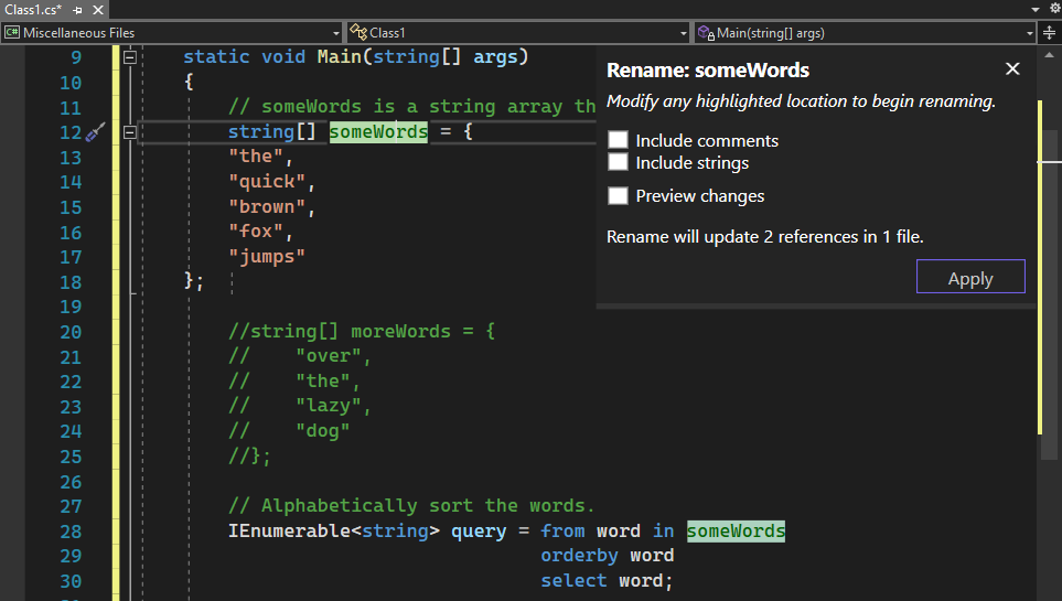Visual Studio 2022 のエディター内の [名前の変更] ポップアップ ボックスのスクリーンショット。