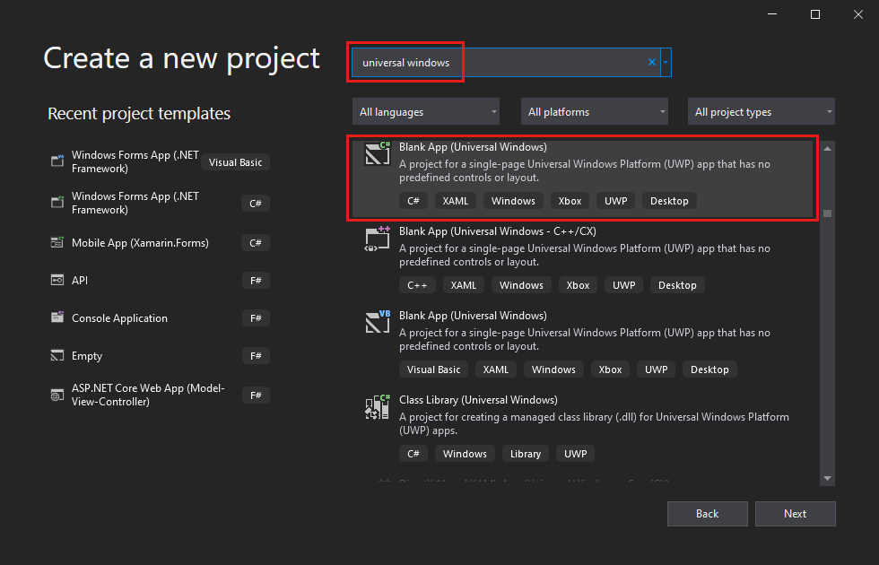 検索ボックスに 「ユニバーサル Windows」と入力され、[空のアプリ (ユニバーサル Windows)]プロジェクト テンプレートが強調表示されている [新しいプロジェクトの作成] ダイアログ ボックスのスクリーンショット。
