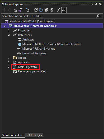 HelloWorld プロジェクトのプロパティ、参照、アセット、ファイルを示すソリューション エクスプローラー ウィンドウのスクリーンショット。MainPage.xaml ファイルが選択されています。