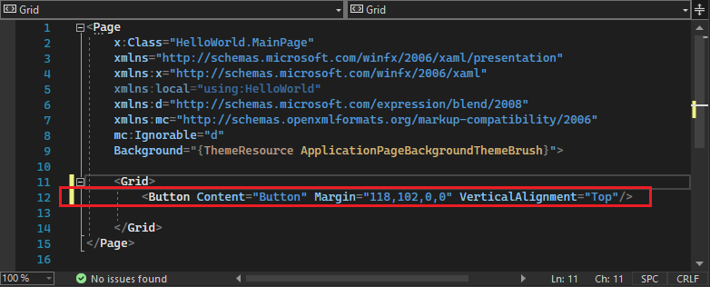 XAML エディターで強調表示されている新しく追加されたボタンのコードを示すスクリーンショット。