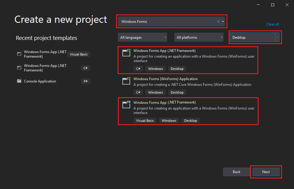 Visual Studio 2022 の [新しいプロジェクトの作成] ダイアログ ボックスを示すスクリーンショット。検索ボックス、プロジェクトの種類の一覧、および 2 つのテンプレートが強調表示されています。