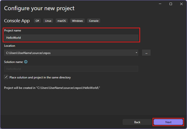 プロジェクト名 HelloWorld が入力された [新しいプロジェクトの構成] ウィンドウのスクリーンショット。