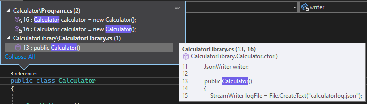 Visual Studio 2022 での CodeLens を示すスクリーンショット