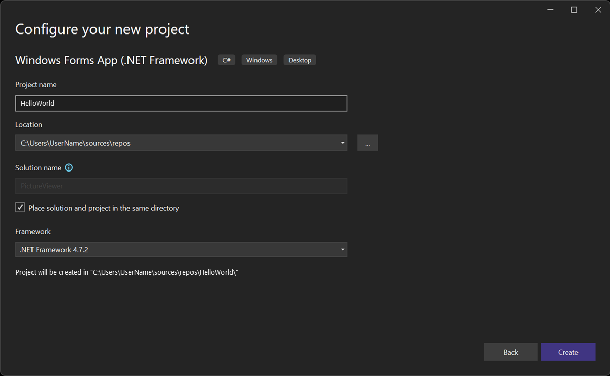 Visual Studio 2022 の [新しいプロジェクトの構成] ウィンドウのスクリーンショットで、プロジェクト名として「HelloWorld」が入力されています。