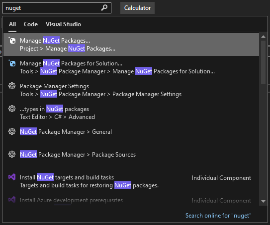 Visual Studio 2022 のクイック起動検索ボックスを示すスクリーンショット。