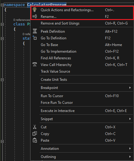 Visual Studio 2022 のリファクタリングを示すスクリーンショット