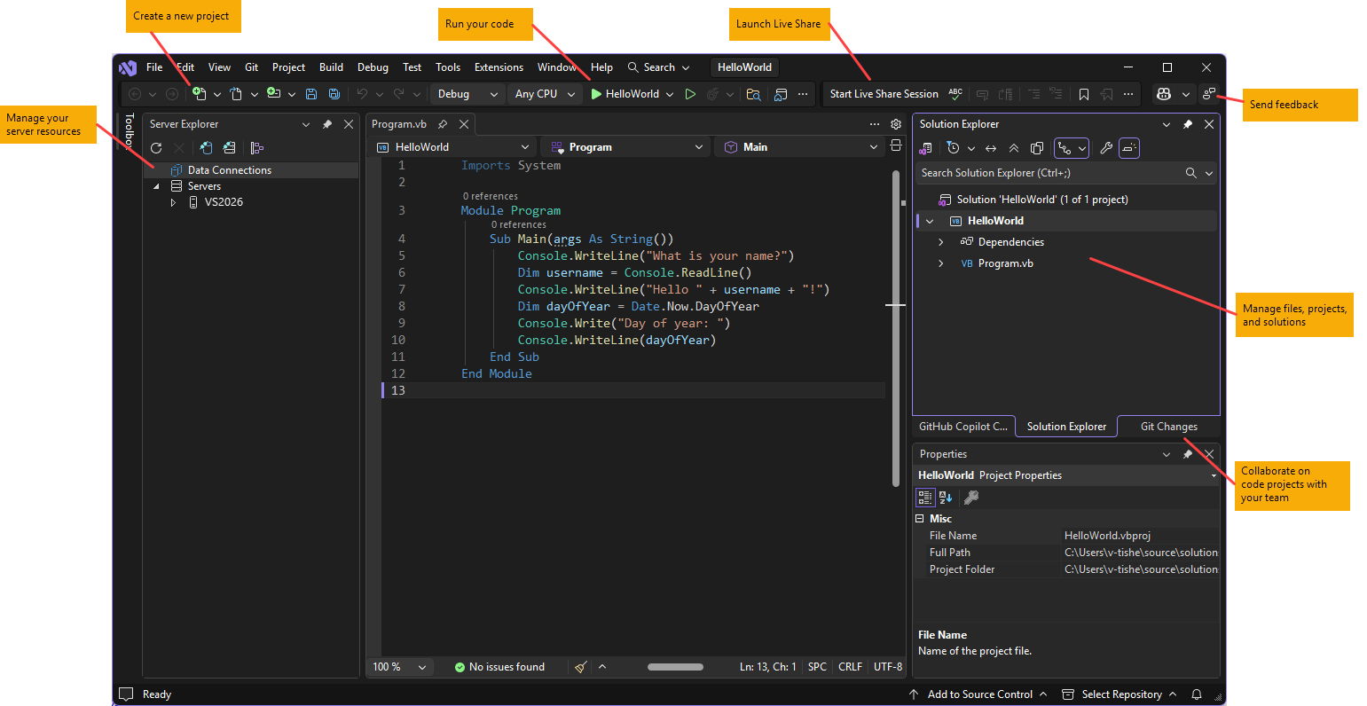 Visual Basicコードと主要な機能を備えたVisual Studio IDEのスクリーンショット。
