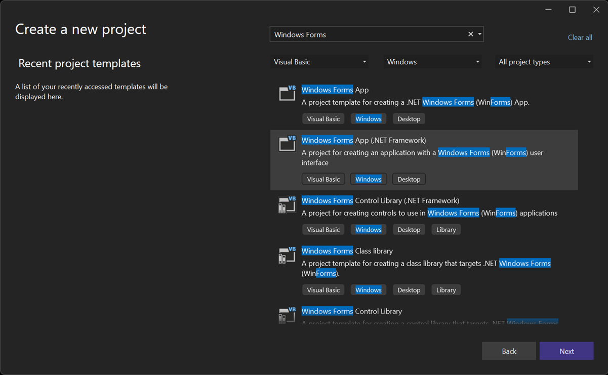Windows フォーム アプリ (.NET Framework) が選択された [新しいプロジェクトの作成] ウィンドウを示すスクリーンショット。