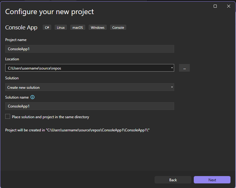 Visual Studio の [新しいプロジェクトの構成] ダイアログ ボックスのスクリーンショット。