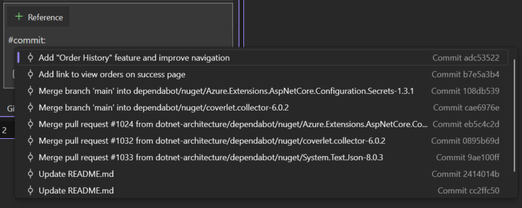 #commit:. と入力した後に最近のコミット候補が表示された Copilot Chat のスクリーンショット。