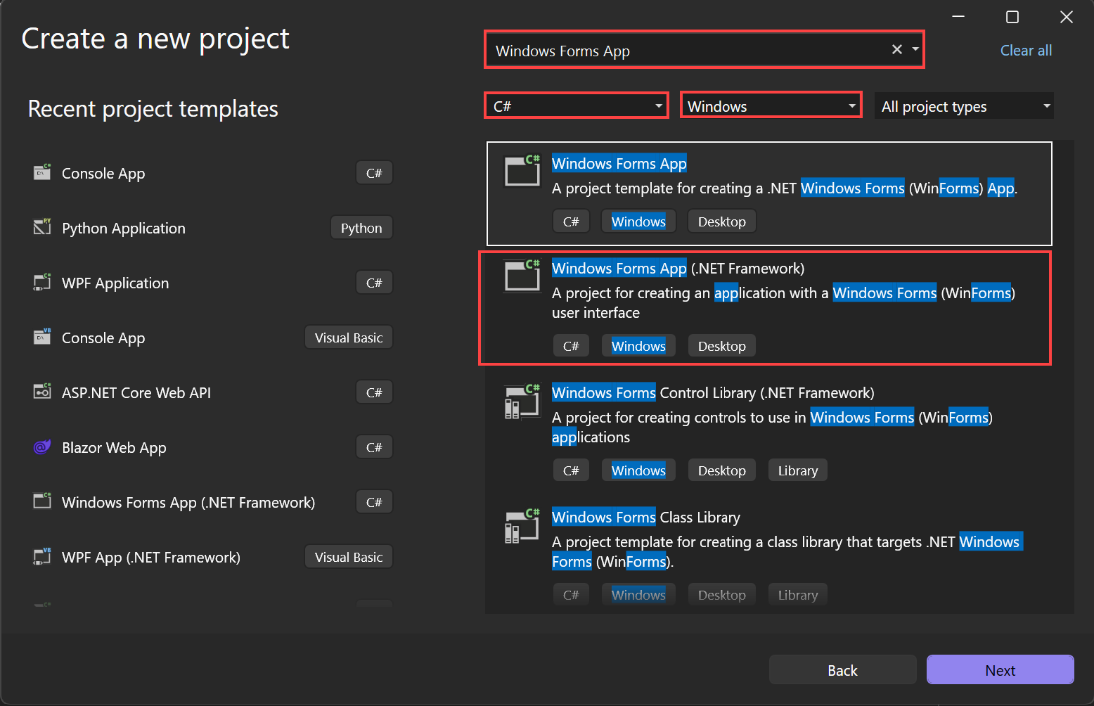 Windows フォーム アプリ (.NET Framework) の C# テンプレートを示すスクリーンショット。