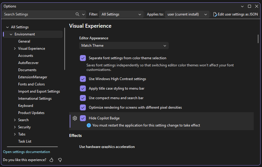 [ツール > [オプション] の Copilot バッジを非表示にするオプションのスクリーンショット。