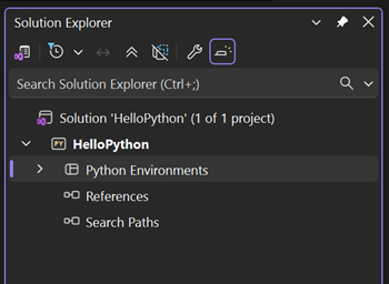 Visual Studio のソリューション エクスプローラーの既定の環境を示すスクリーンショット。