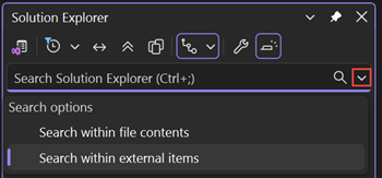 Visual Studio のソリューション エクスプローラーの検索バーと検索オプションのスクリーンショット。