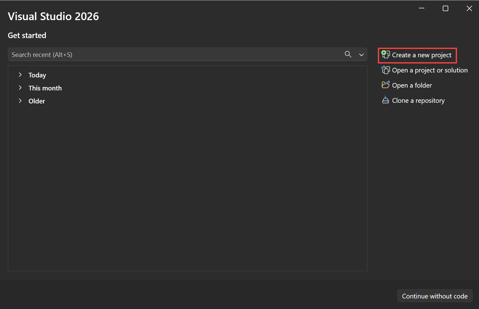 Visual Studio の [新しいプロジェクトの作成] ウィンドウのスクリーンショット