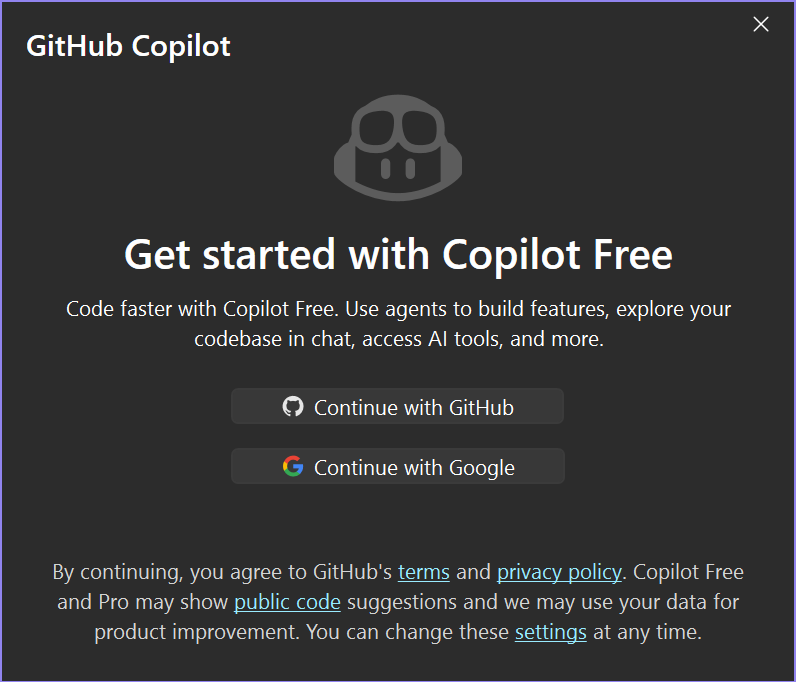 Visual Studio の [Copilot Free を開始する] ダイアログのスクリーンショット。