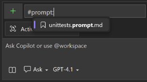 GitHub Copilot Chat でプロンプト ファイルを使用するスクリーンショット。