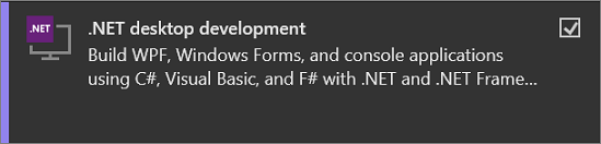 Visual Studio Installer で選択された .NET デスクトップ開発ワークロードのスクリーンショット