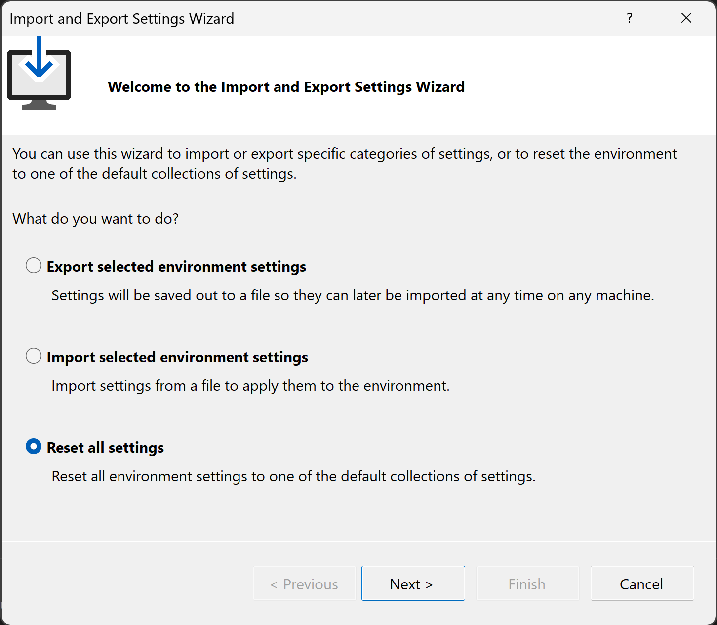 Visual Studio 2022 の [設定のインポートとエクスポート ウィザード] のスクリーンショット。