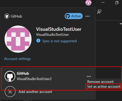 プロファイル カードを使用して別のアクティブな GitHub アカウントを設定する方法を示すスクリーンショット。