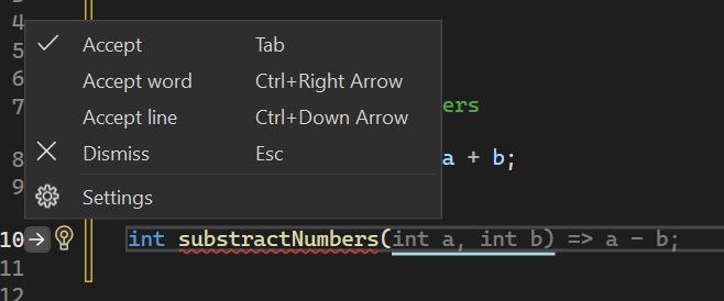 Visual Studio で GitHub Copilot コードの提案を受け入れるか変更するための提案を示すスクリーンショット。