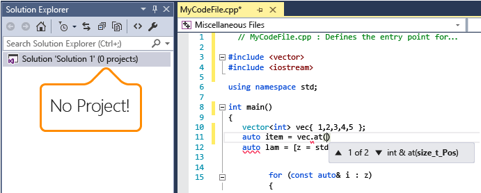Visual C++ における単一ファイルのインテリセンス