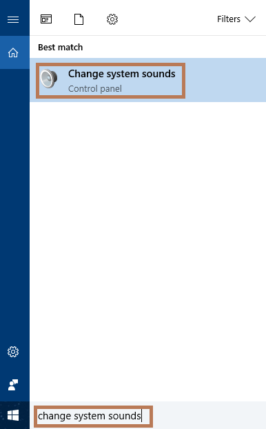 Windows 10 の [システム サウンドの変更] 検索結果のスクリーンショット。