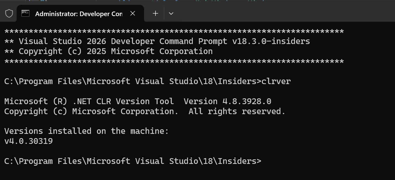 Visual Studio の開発者コマンド プロンプトのスクリーンショット。
