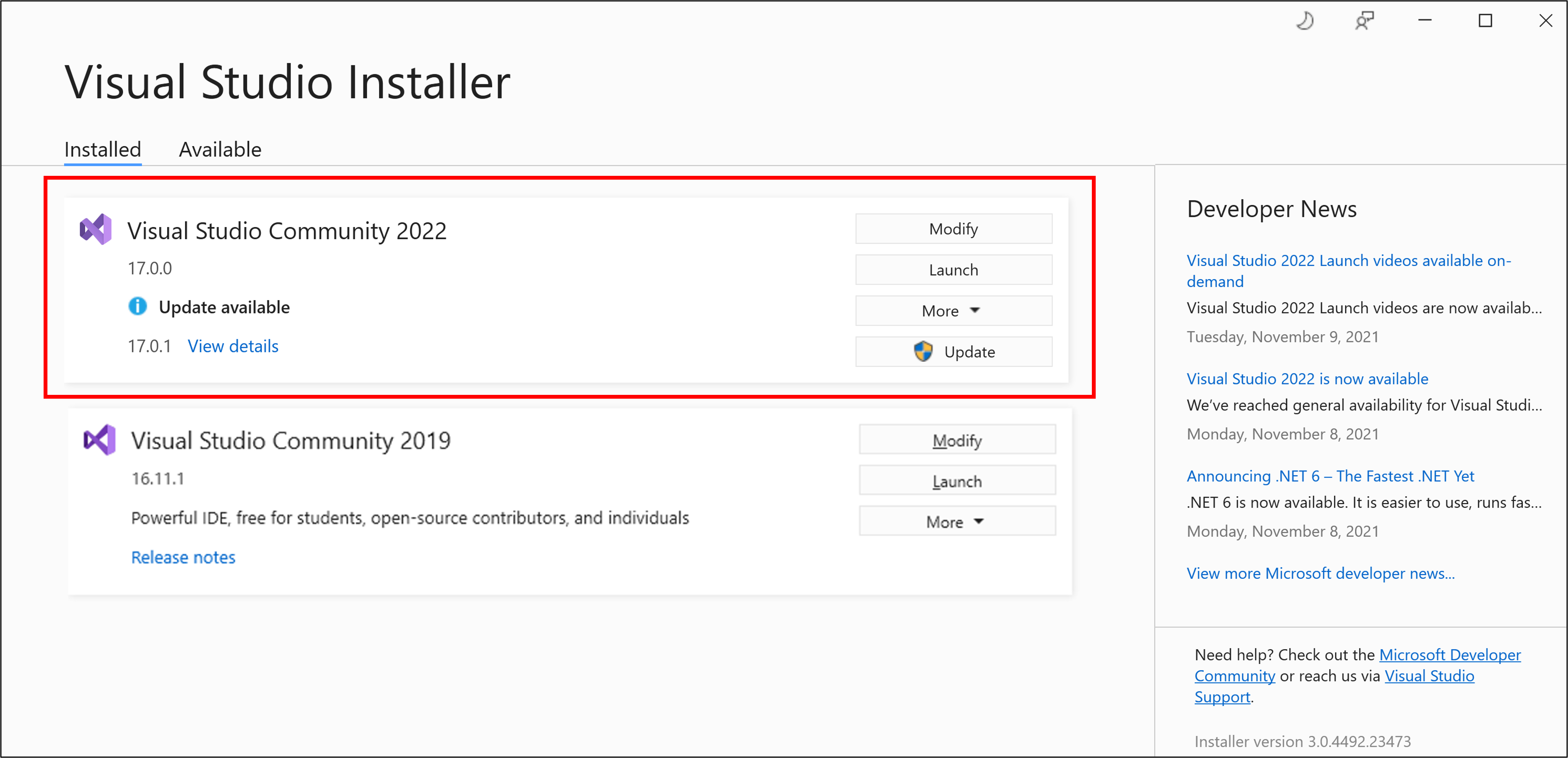 新しい更新プログラムが利用可能な場合の Visual Studio インストーラーの [更新] ボタンとメッセージを示すスクリーンショット。