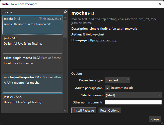 esproj 用の新しい npm パッケージのインストールのスクリーンショット。