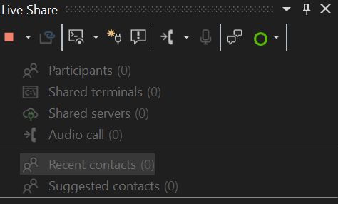 Visual Studio の Live Share ツール ウィンドウを示すスクリーンショット。
