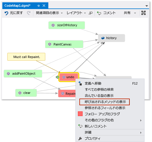 コード マップ - メソッド呼び出しが見つからないマップを更新する