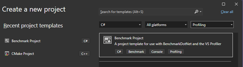 Visual Studio の BenchmarkDotNet テンプレートのスクリーンショット。