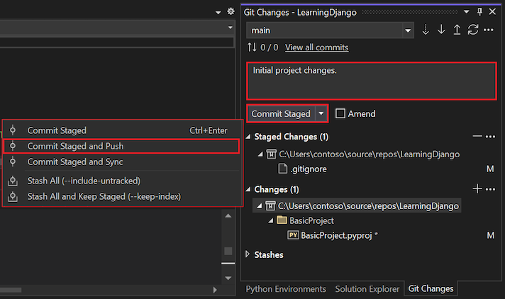 コミット メッセージを編集し、Git の [変更] ウィンドウでステージングされたコミットをコミットしてプッシュする方法を示すスクリーンショット。