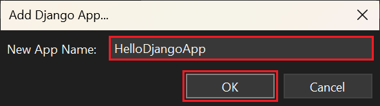 Visual Studio で新しい Django アプリの名前を入力する方法を示すスクリーンショット。
