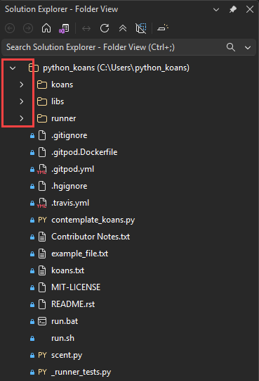 Visual Studio のフォルダーの展開/折りたたみ矢印を示すスクリーンショット。