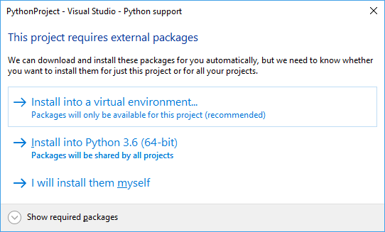 Visual Studio でプロジェクト テンプレートのパッケージをインストールするダイアログを示すスクリーンショット。