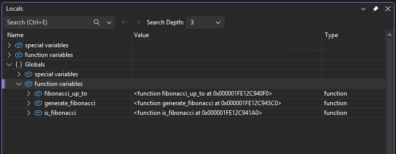 Visual Studio デバッガーの「ローカル」ウィンドウを示すスクリーンショット