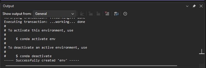 conda 環境の正常な作成を示すスクリーンショット。